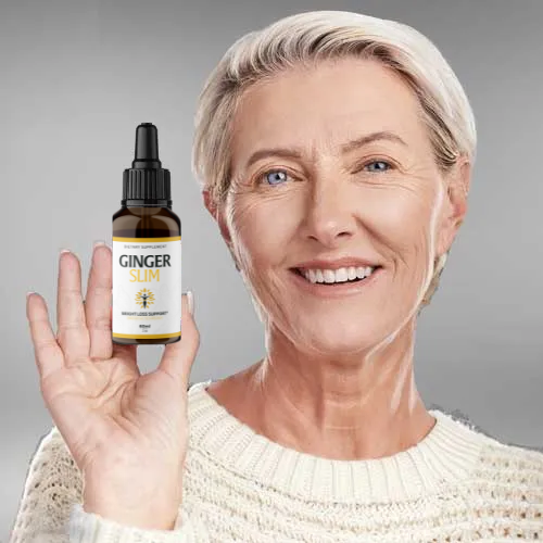 ginger slim drops customer reviews middle age woman holding bottle