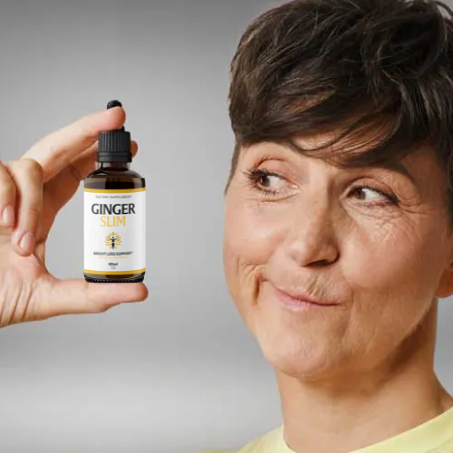 ginger slim drops customer reviews woman looking sideways at bottle